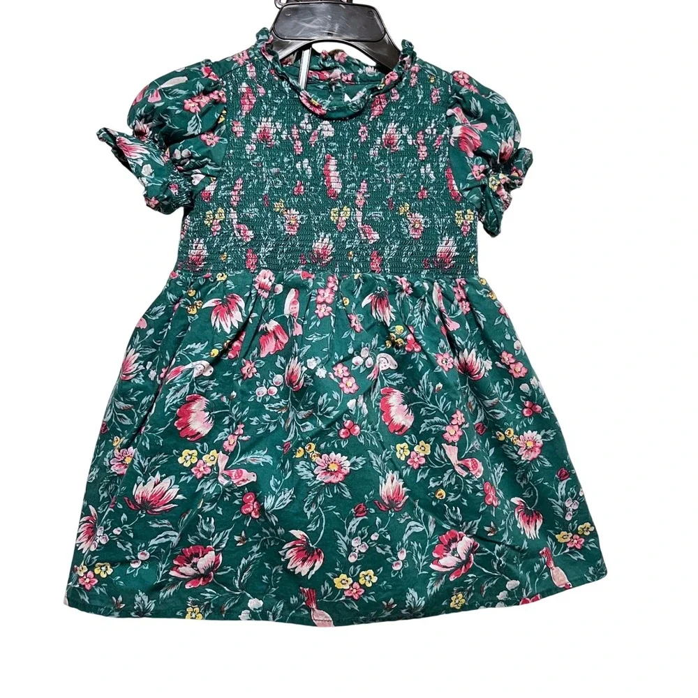 Janie and Jack Green Floral Bird Smocked Dress Toddler Girl 18-24 Months